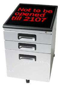 A photo of a filing cabinet with the words 'do not open till 2107' written in it