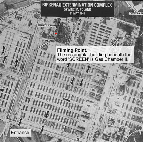 An image of Auschwitz-Birkenau (cira 1944) showing the location of the filming point.