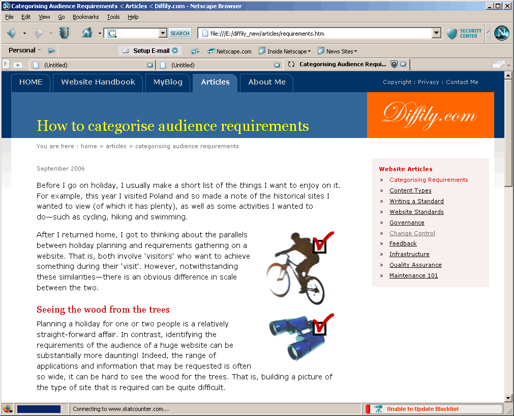 A screebgrab of a page from diffily.com in Netscape 8.2 set to like Firefox