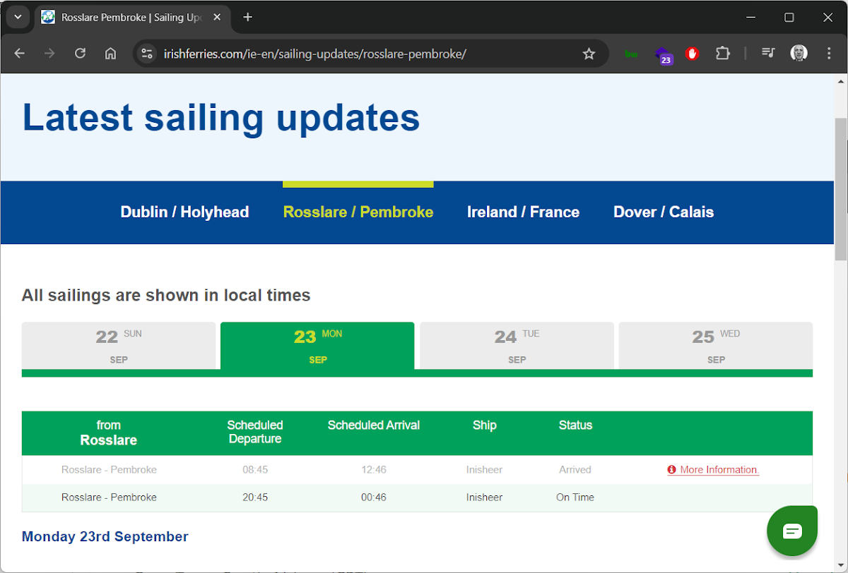 A screengrab of sailing updates from the Irish Ferries website