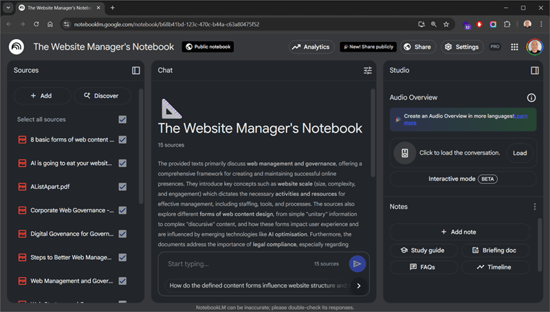 Screengrab of the website manager's notebook ai
